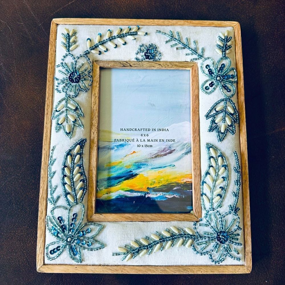 Boho Floral Beaded Fabric Indian Wood Picture Frame 4x6